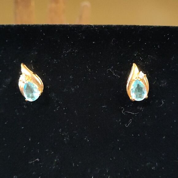 Gold Clear and Blue Rhinestone Earrings - Picture 1 of 6